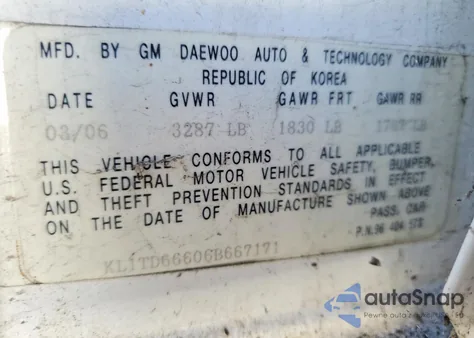 2006 Chevrolet Aveo Base z USA, uszkodzony, nr VIN KL1TD66606B667171